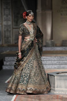 Stunning model showcases traditional Indian bridal wear during a fashion show.