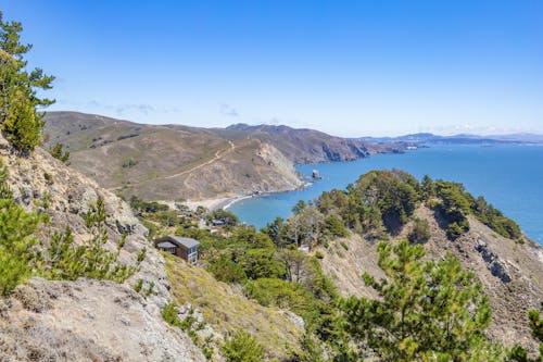 A Gray Mountain with Trees Beside Blue Sea 