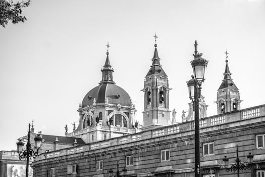 这张黑白图像展示了西班牙马德里阿尔穆德纳大教堂的标志性圆顶和塔楼