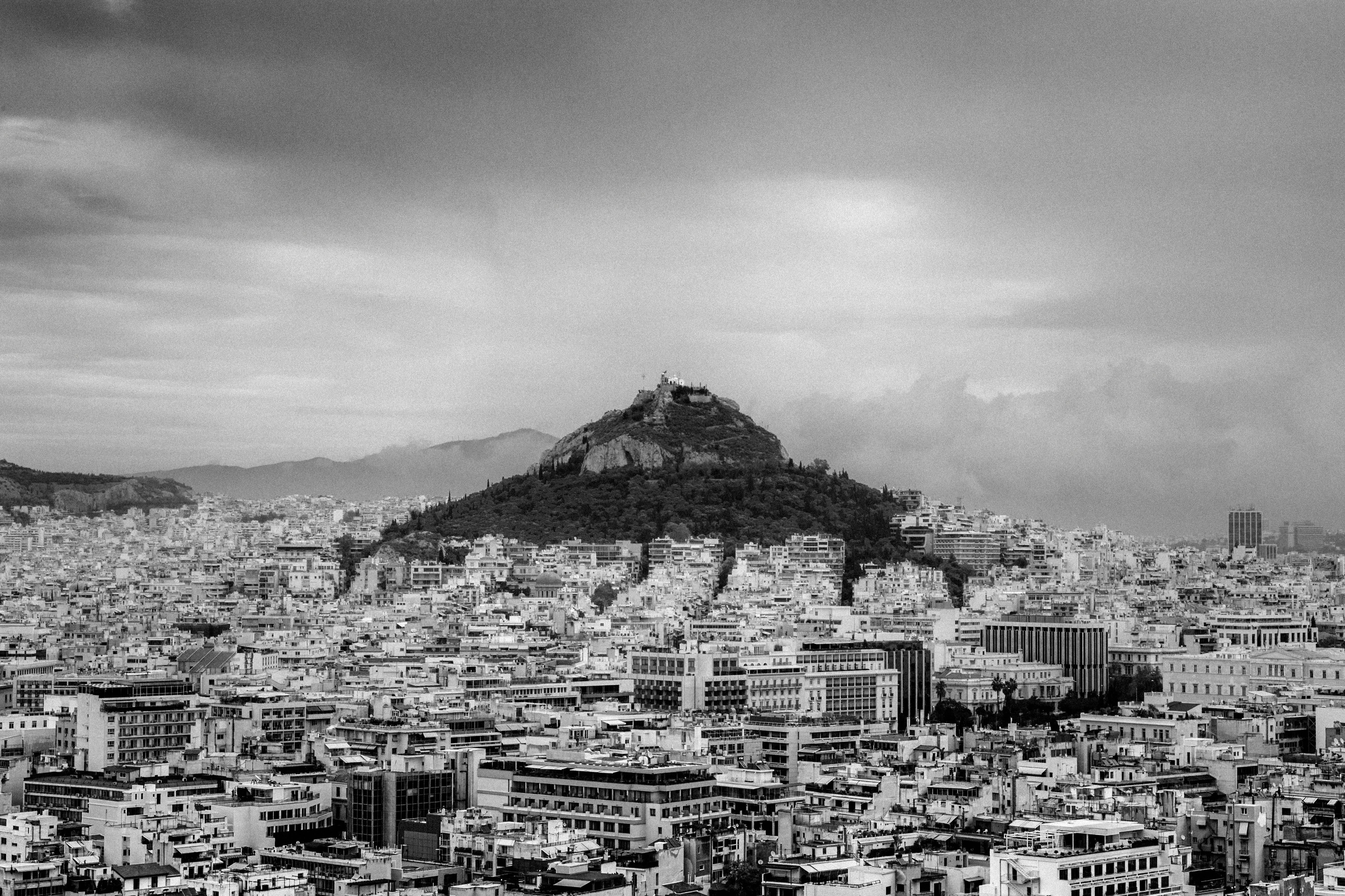 Stunning monochrome cityscape featuring Mount Lycabettus in Athens, Greece.