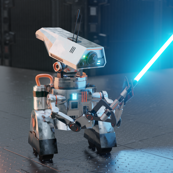 A high-tech robot showcases advanced technology with its glowing energy sword in a futuristic setting.