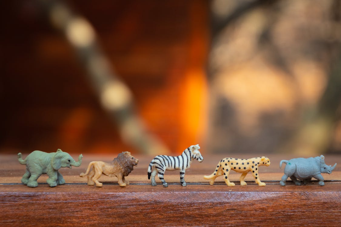 Plastic Animal Toys on Wooden Surface