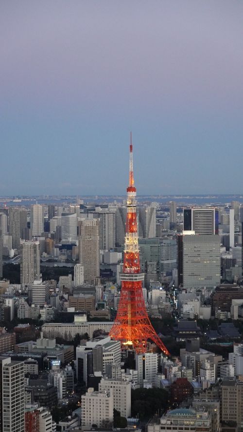 Free Stunning aerial view of Tokyo Tower illuminated at twilight amidst Tokyo's urban skyline. Stock Photo