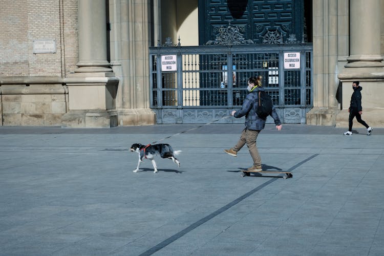 A Man Using Longboard With Dog 