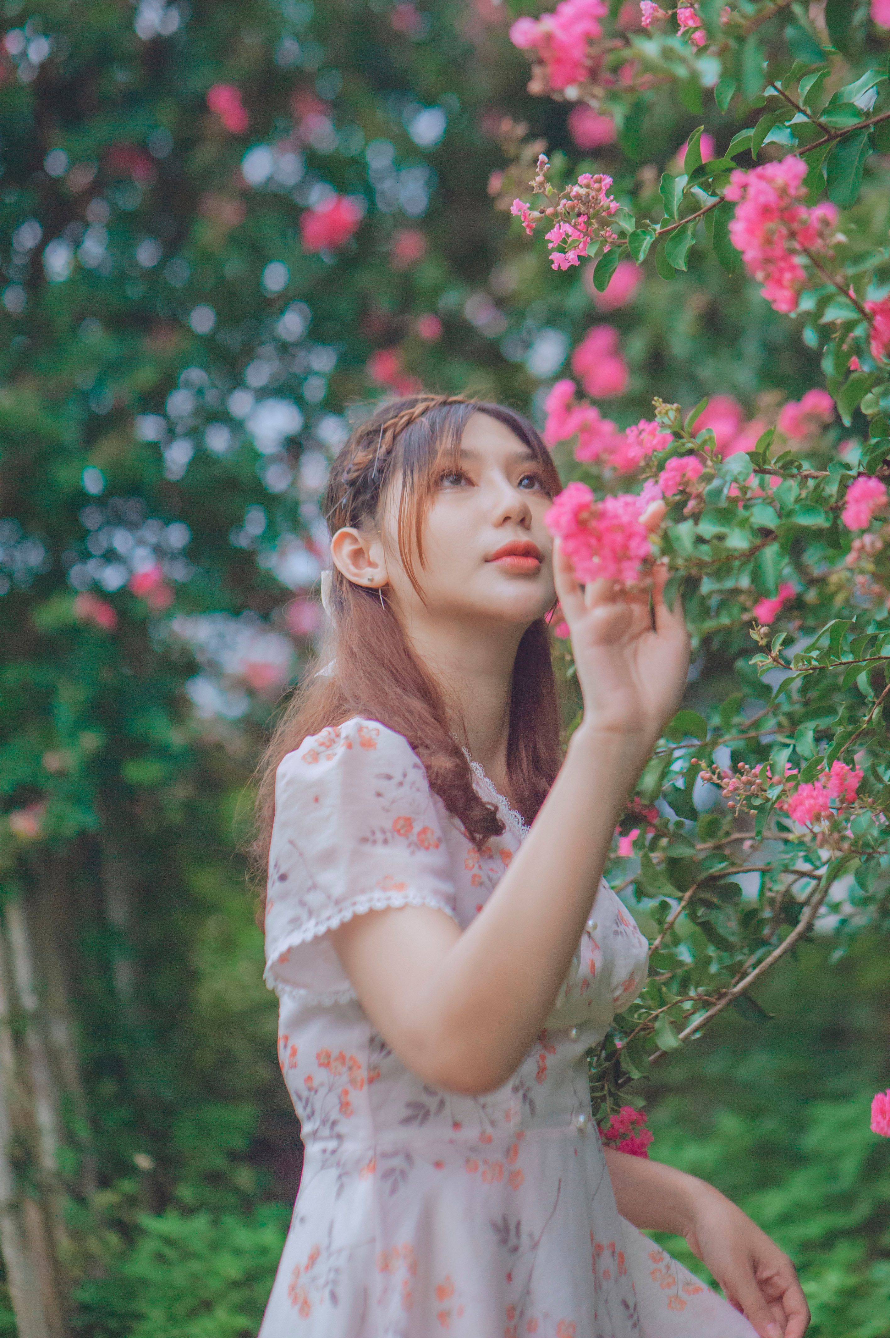 Woman in White Floral Dress Holding Pink Flowers · Free Stock Photo