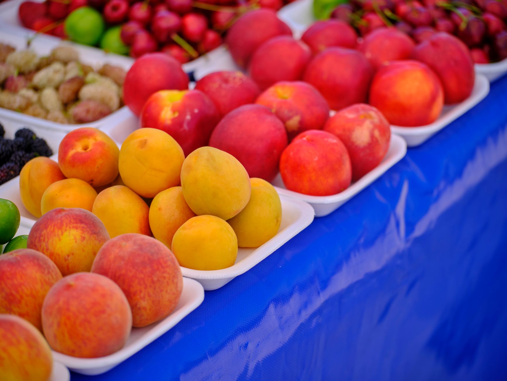 A vibrant selection of apricots, peaches, and assorted fruits displayed on trays at a market. — free online jigsaw puzzle on JigsawPuzzlesFreeOnline.org