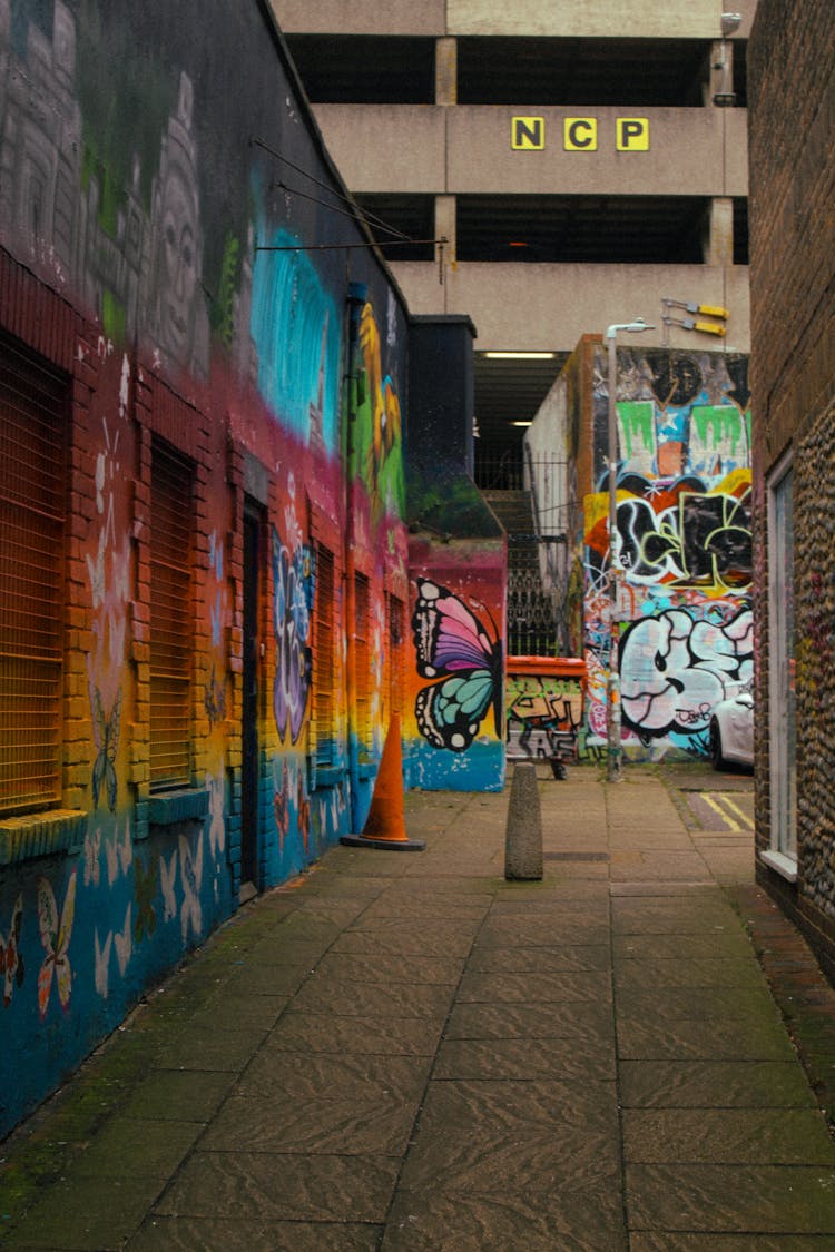 Narrow Alley With Graffiti Wall