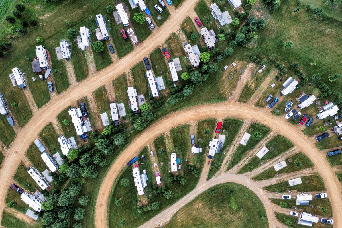 Aerial view of a mobile home park with rows of manufactured homes