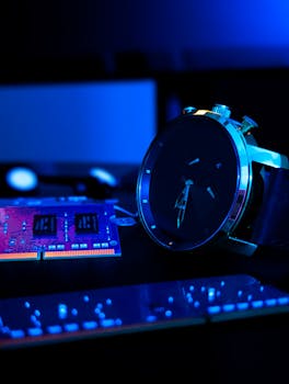 Close-up of a wristwatch with tech components under vibrant blue neon lighting, creating a modern tech vibe.