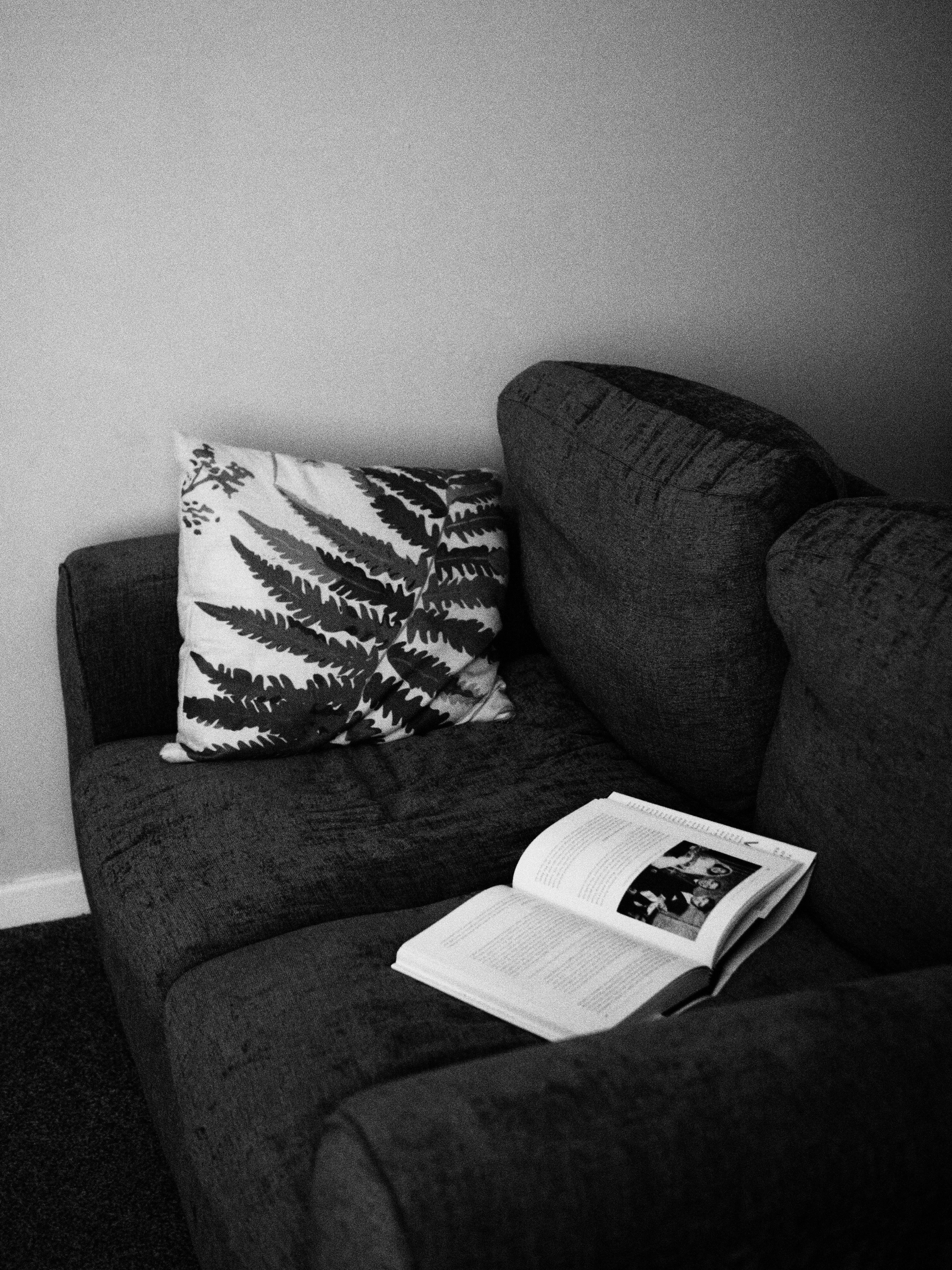 book and pillow on sofa