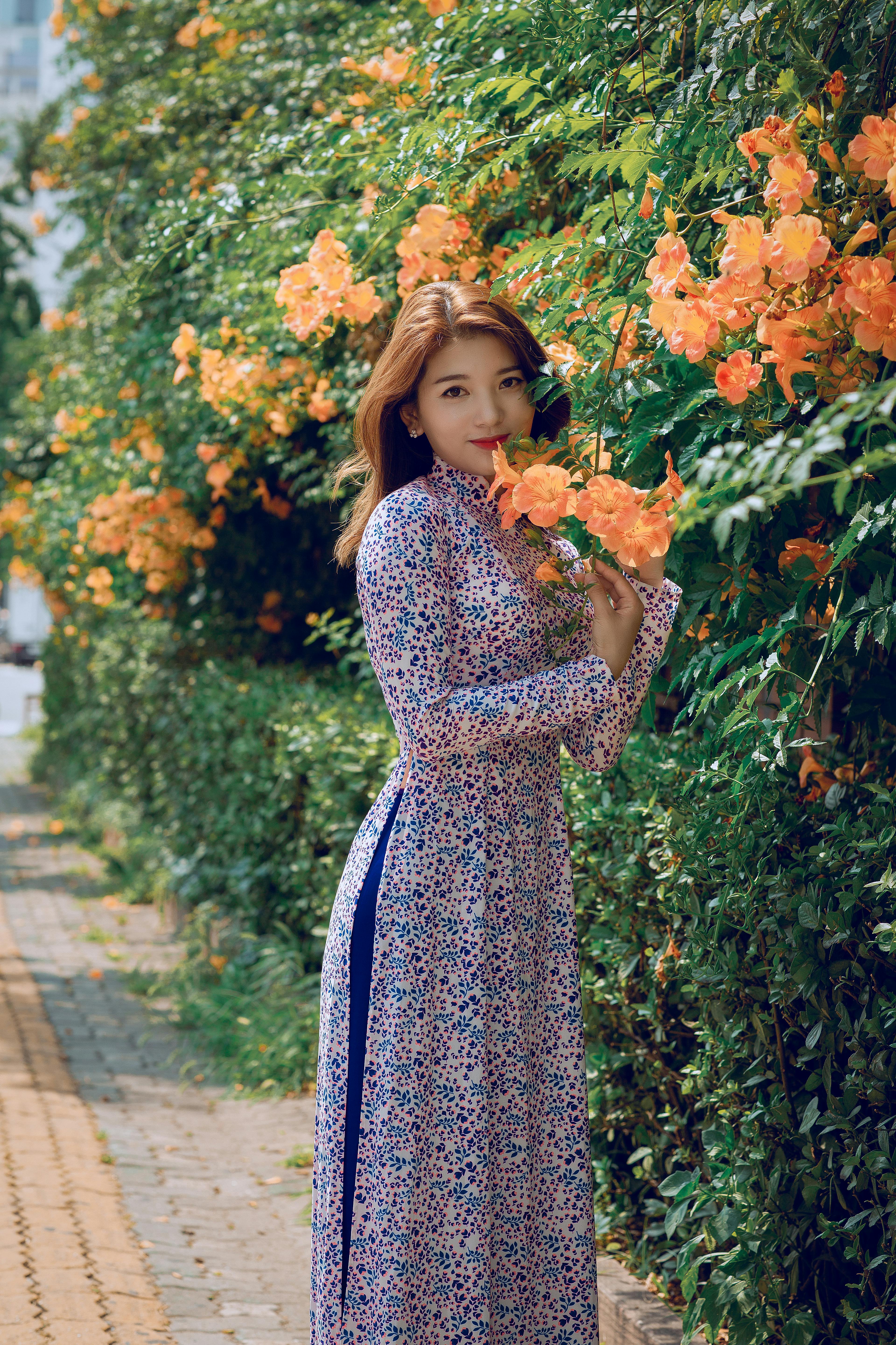 blue dress orange flowers