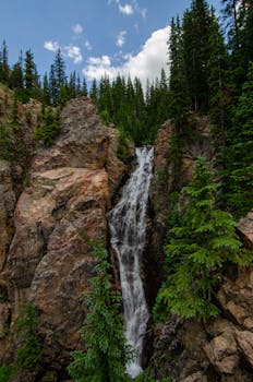 A stunning evergreen forest waterfall cascading through rocky cliffs under a blue sky.
