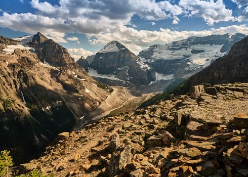 Breathtaking view of the Rocky Mountains with snow-capped peaks and a scenic landscape in Alberta, Canada.
