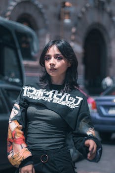 Fashionable woman in a stylish anime-themed jacket on a city street expressing modern urban style.