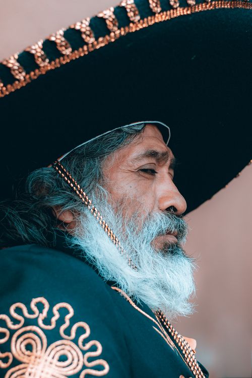 Free Portrait of an elderly man wearing a traditional Mexican sombrero and embroidered clothing. Stock Photo
