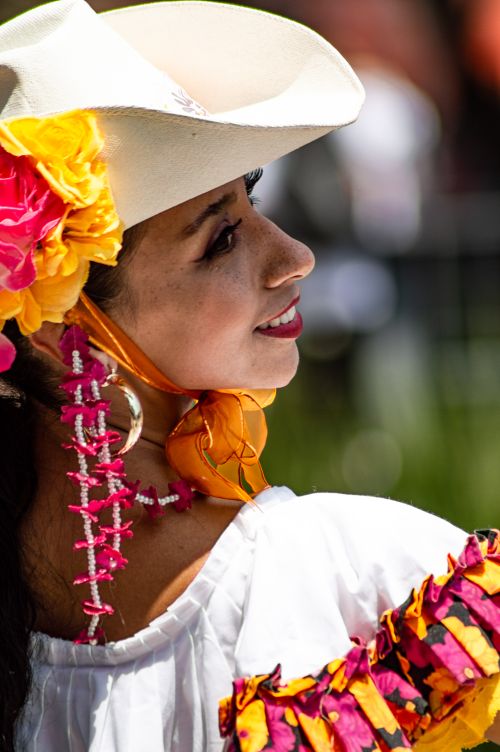Free Woman in traditional Mexican attire with colorful accessories and a charming smile. Stock Photo