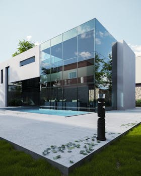 Contemporary house with glass facade and pool, showcasing sleek modern architecture.