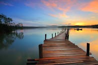 宁静的日落下，湖泊静谧，一座木制码头向远处延伸