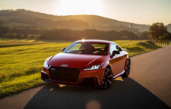 Stunning red Audi TT parked on a rural road in golden evening light in Nittenau, Germany.