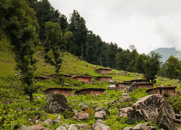 Wood Cabins On Mountain Slope