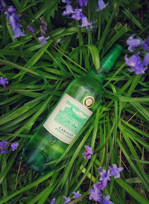 A Green Glass Bottle on a Green Grass with Purple Flowers