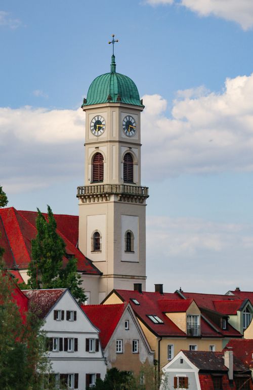 Free Captivating view of St. Mang church tower in Germany under a bright blue sky. Stock Photo