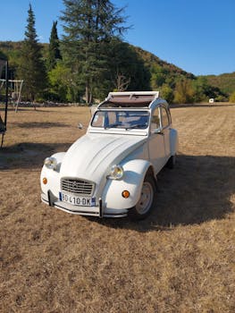 A vintage Citroën 2CV convertible parked in a rural outdoor setting on a sunny day.