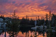 内华达山脉宁静的湖面上，日落令人惊叹，天空倒影生动