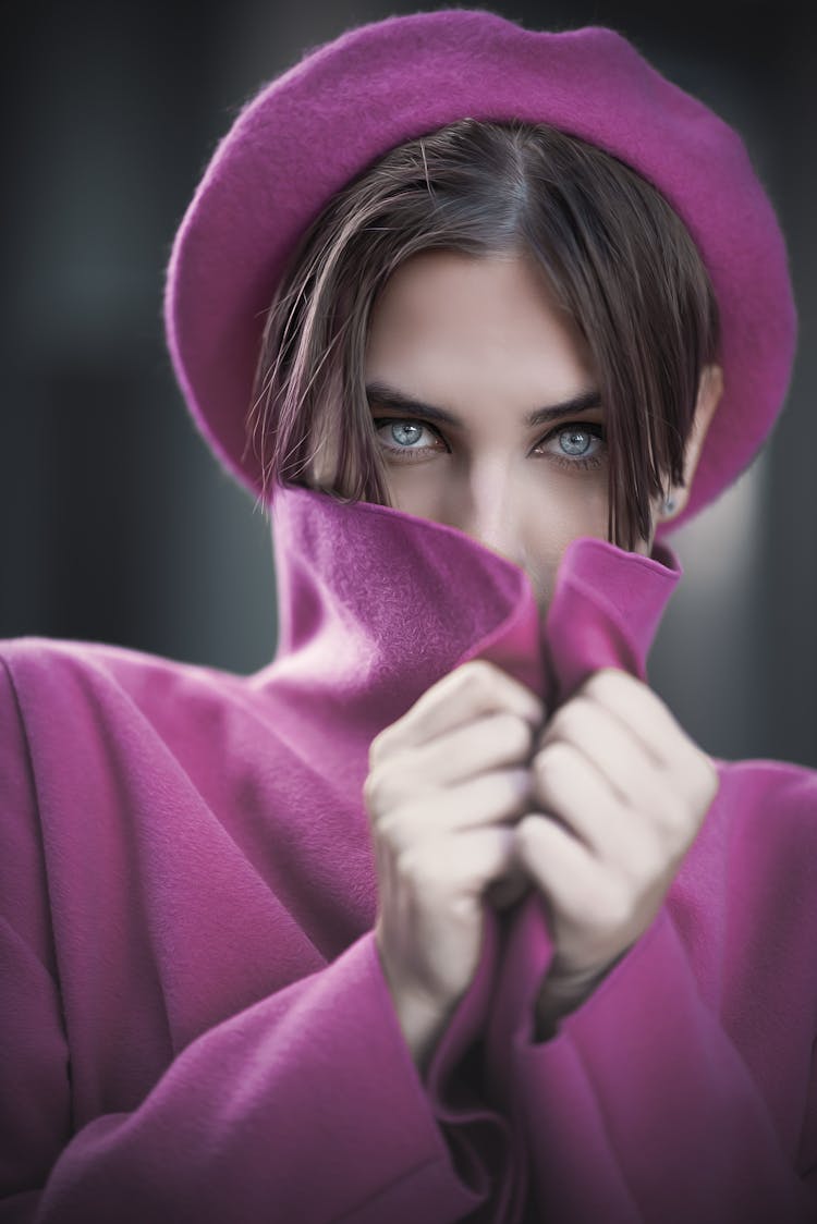 Beautiful Woman In Purple Hat And Turtleneck Long Sleeve Dress 