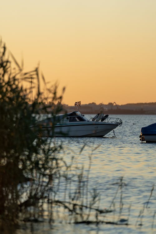 Free White and Blue Boat on Water during Sunset Stock Photo