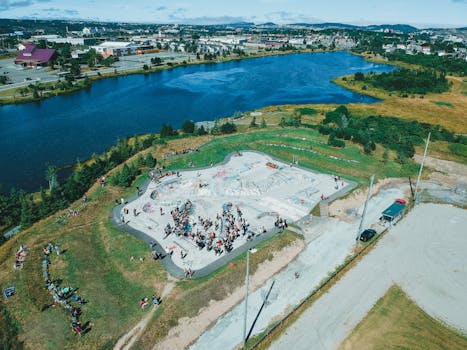 Aerial view of a vibrant skate park near a picturesque lake surrounded by greenery and urban structures.