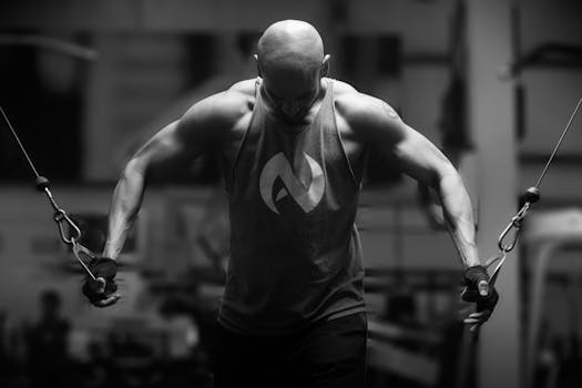 A muscular man works out indoors using gym equipment in dramatic black and white