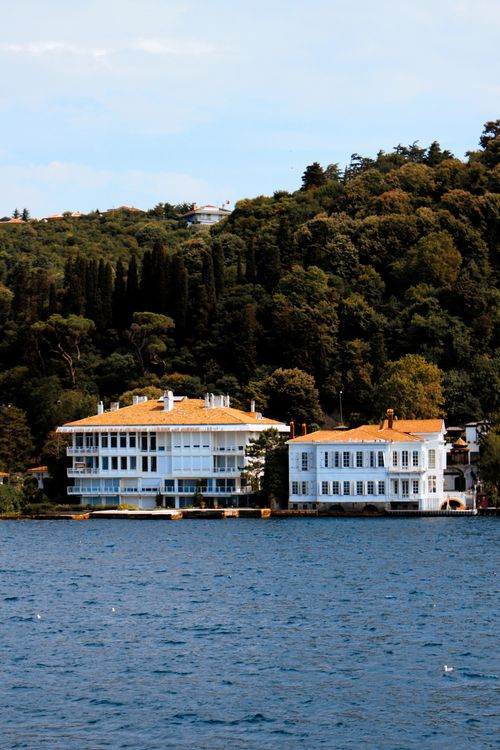Free Scenic view of waterfront villas by the Bosphorus strait in Istanbul, surrounded by lush greenery. Stock Photo