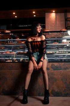 Chic woman in stylish attire poses in front of urban cafe display, capturing modern fashion vibe.