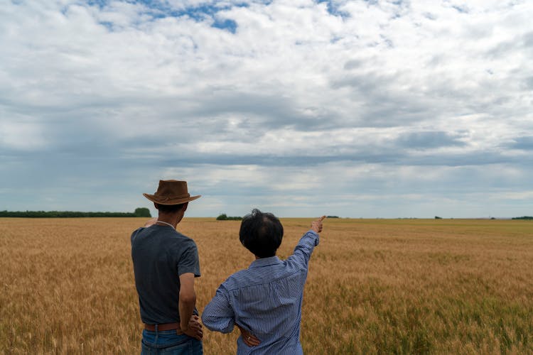 Man And Woman Talking And Looking On A Field