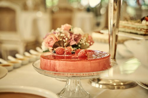 Red Cake on Glass Cake Stand