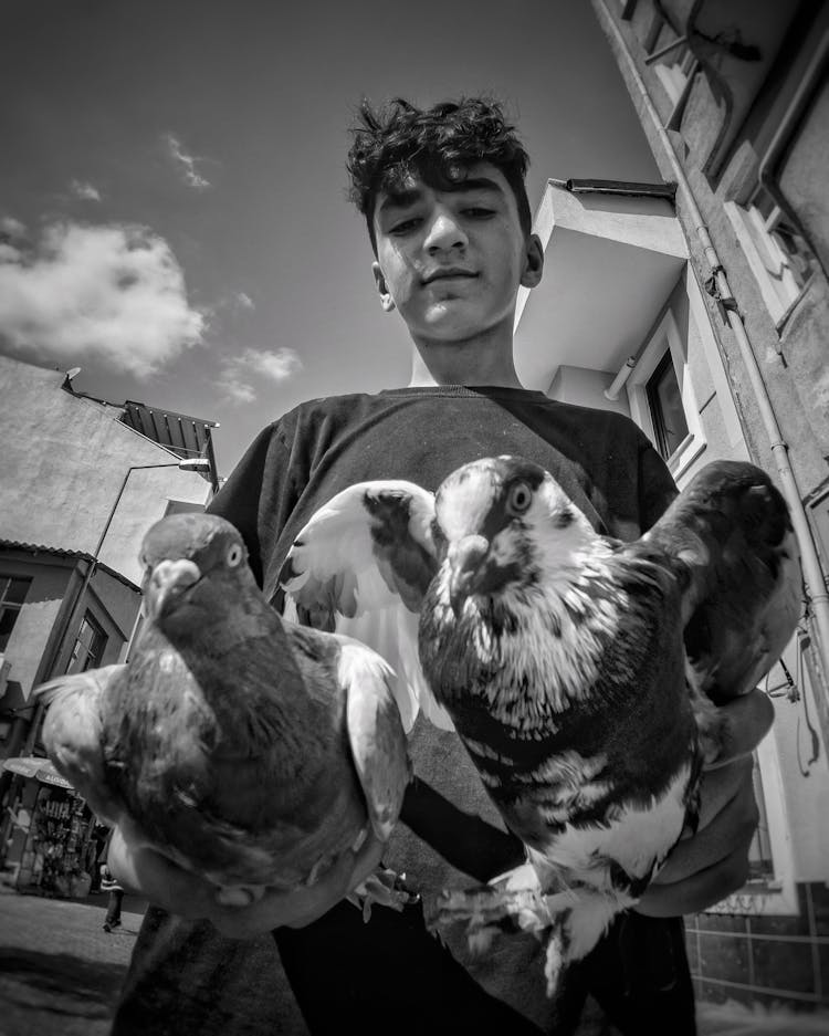 Black And White Photo Of Boy Holding Birds