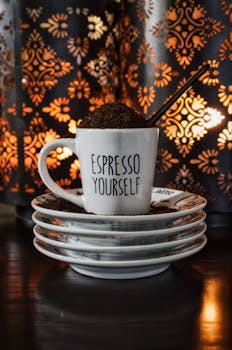 A creative arrangement of a coffee mug with ground coffee and a playful inscription in a cozy setting.