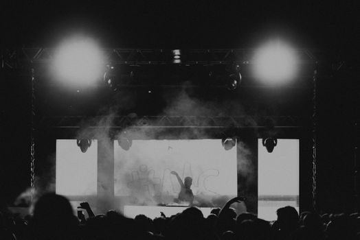Silhouette of a DJ at a concert with an enthusiastic crowd under bright lights.
