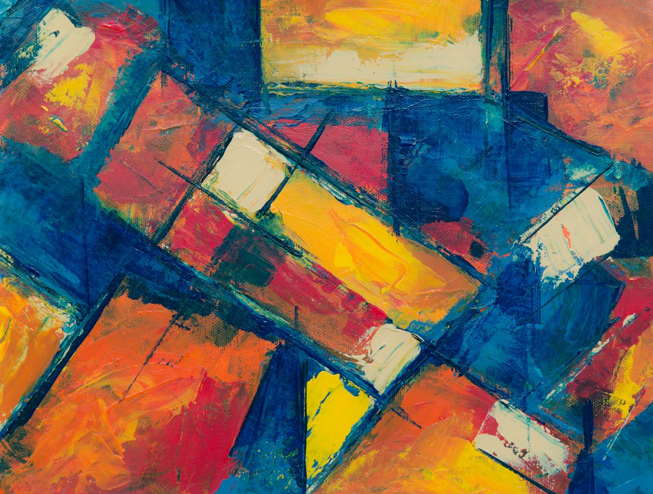 Dynamic abstract painting with vibrant colors and geometric patterns.