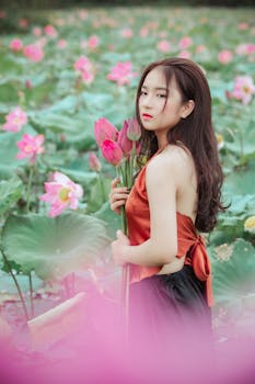 一位美丽的女子身处一片生机勃勃的莲花丛中，散发着优雅与时尚的气息