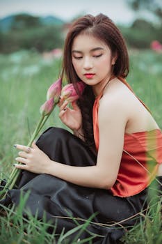 田野里，一个女人手持莲花，展现自然美景与宁静