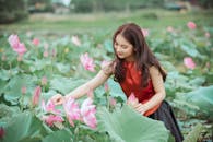在宁静的花园中，一位年轻的亚洲女人正欣赏盛开的莲花