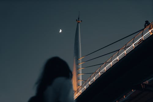 A Person Standing Near Bridge Under the Moon