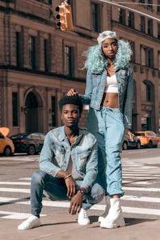 Two models pose stylishly in denim outfits on a busy urban street, showcasing contemporary street fashion.