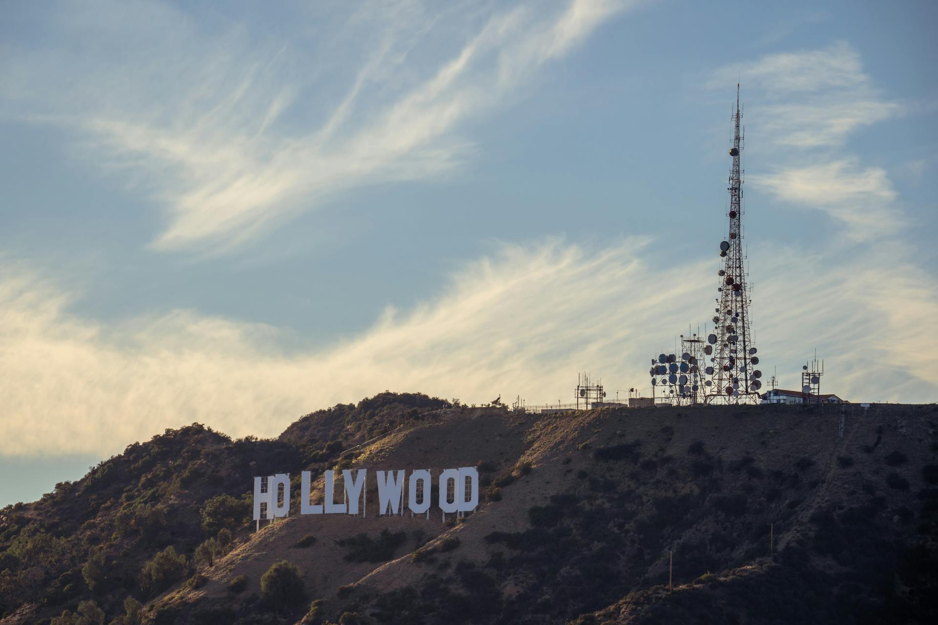 A Hollywood Sign Near Cell Tower in Los Angeles City