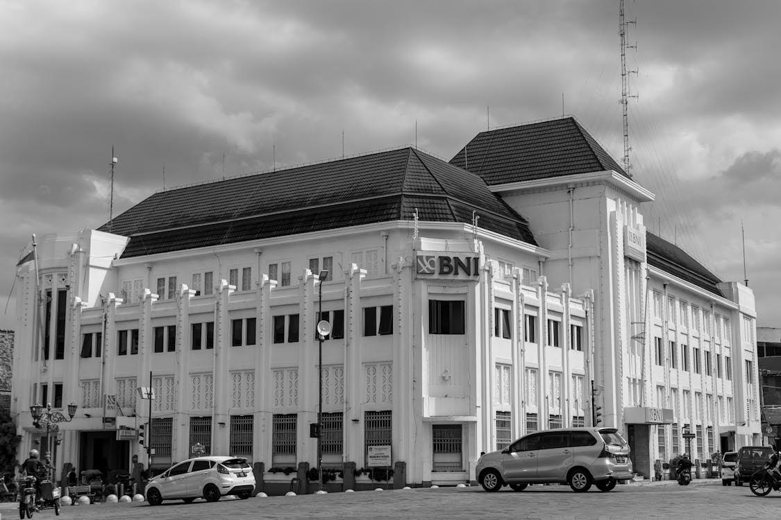 Free Grayscale Photo of the BNI Building in Yogyakarta, Jogja, Indonesia Stock Photo