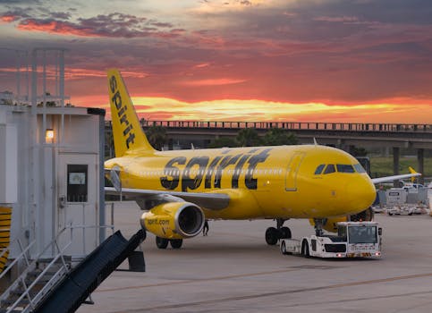 A Spirit Airlines plane at Manchester Airport during a stunning sunset sky, showcasing travel ambiance.