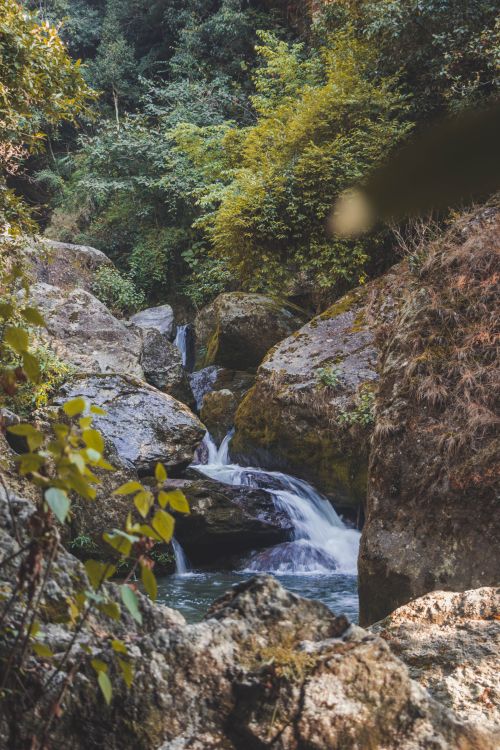 Free A picturesque waterfall cascading through lush forest rocks, embodying serene nature. Stock Photo