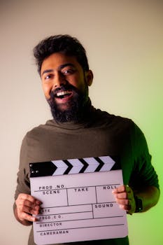 Portrait of a smiling man with a beard and mustache holding a clapperboard in a studio setting.